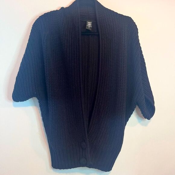 Apostrophe Short Sleeve Black Cotton Blend V Neck Cardigan Sweater - Picture 1 of 7